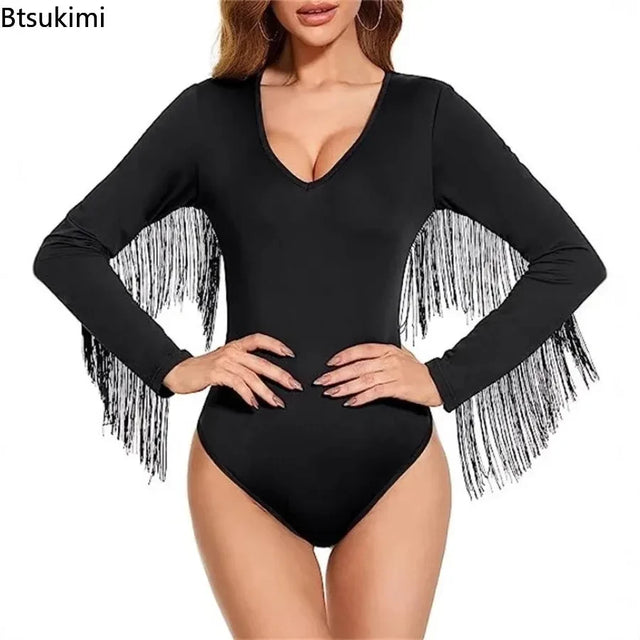 Tassel Long Sleeve V Neck Bodysuit